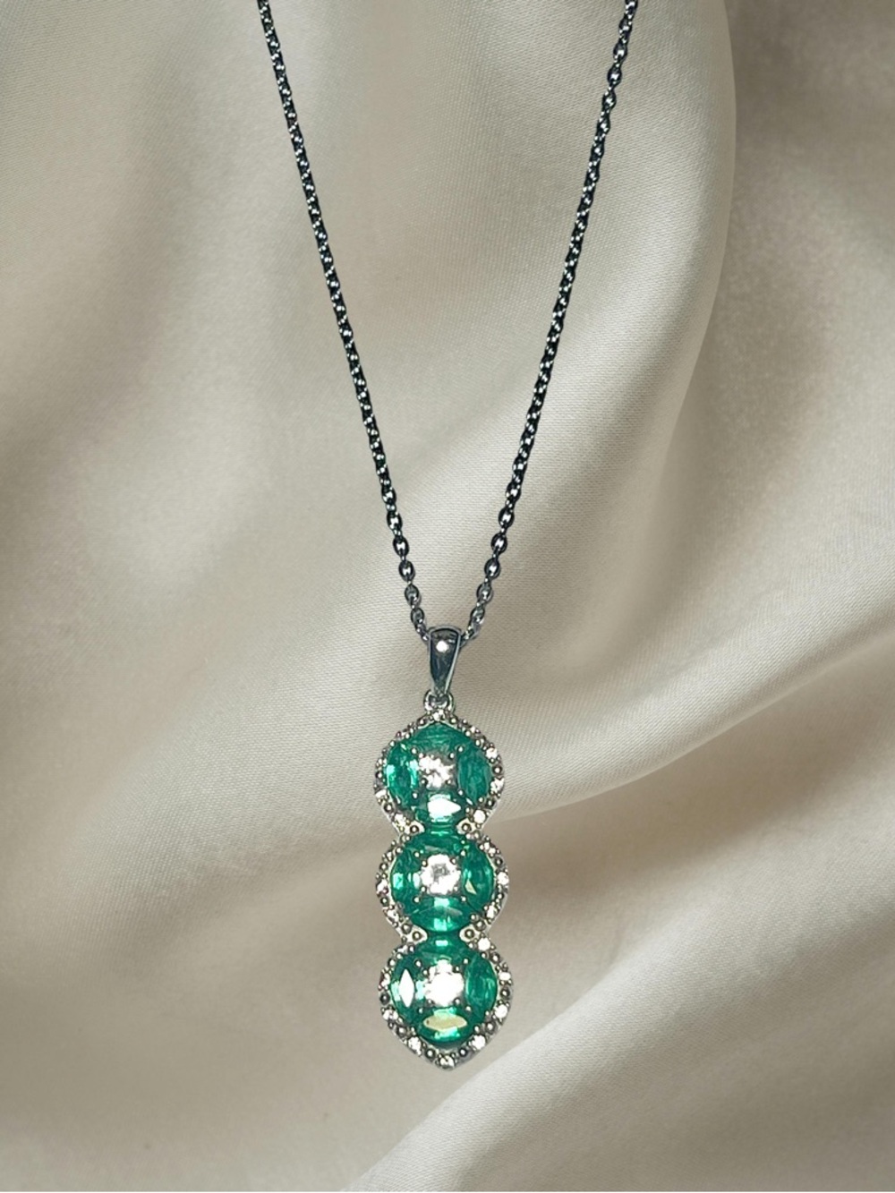 Sterling Silver Genuine Zambian Emerald & White Zircon Pendant Necklace - 18-20”